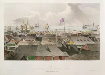 City of Kingston från Commercial Rooms, Looking Towards the South, skylt 19 från "West Indian Scenery: Illustrations of Jamaica", graverad av konstnären, pub. 1838-40